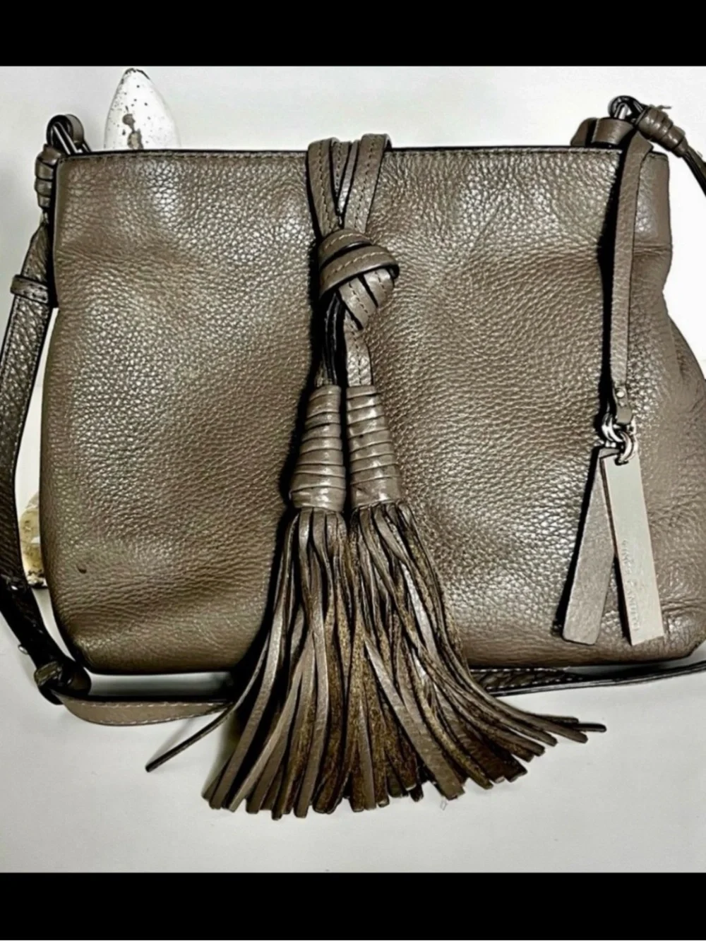 Vince Camuto Taro Hobo Leather Crossbody Slouch Bag Stone Gray Boho Southwestern